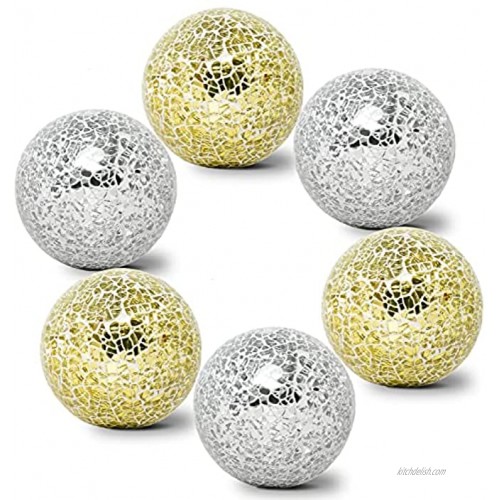 SenseYo 6 Pcs Decorative Orbs Set Glass Mosaic Spheres Balls Decorative Balls for Bowls Vases and Table Centerpieces Decor 3.15 Inches Gold and Silver