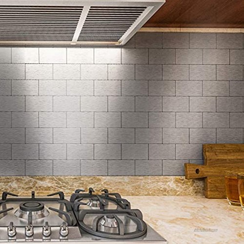 Art3d 100-Pieces Peel and Stick Tile Kitchen Backsplash Metal Wall Tiles Brushed Aluminium Subway