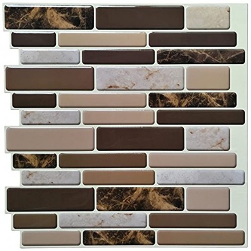 Art3d Kitchen Backsplash Peel and Stick 6-Pack of 12 inch x 12 inch Brown Marble