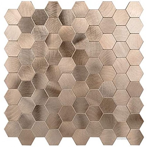 Decopus Metal Mosaic Tile Backsplash Peel and Stick Hexagon Copper Gold 5pc Pack for Kitchen Bathroom Wall Accents 12''x 12'' 0.16'' Stick On Mosaic Tile