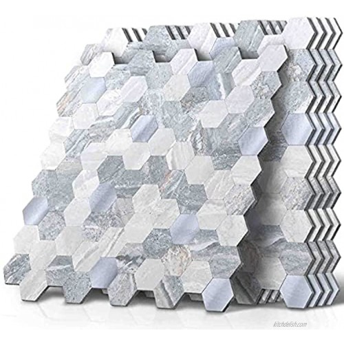 HomeyMosaic Peel and Stick Backsplash Tile 12 X 12 Hexagon Marble Stone Aluminum PVC Wall Tiles Stick on Kitchen Bathroom5 Sheets,Stone&Metal Blue