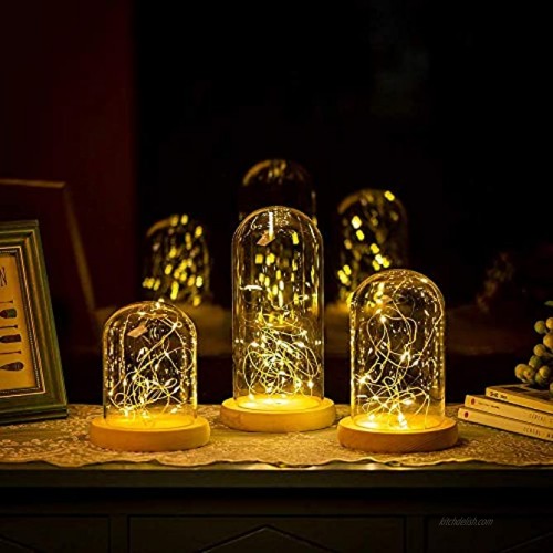 3 Pcs  Set Clear Glass Dome Cloche with Rustic Wood Base Battery Operated LED Fairy Light Antique Display Case for Rose Flowers Home Or Office Tabletop Decoration Valentine's Day Wedding Centerpiece