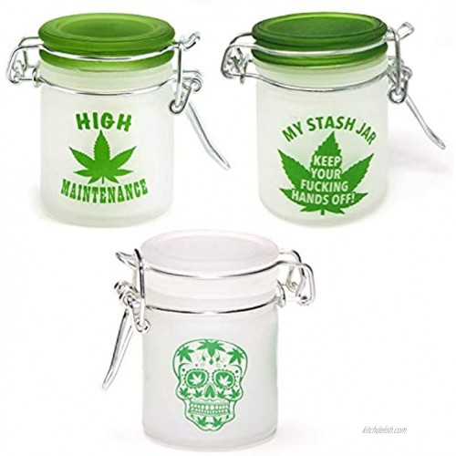 Airtight Glass Herb Storage Jar Set of 3 My Stash Jar High Maintenance and Sugar Skull Designs 1.5oz 2.5 Inches