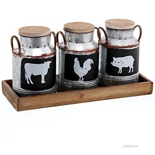 Barnyard Designs Decorative Galvanized Metal Jars with Rustic Handles Wood Lids and Tray Vintage Farmhouse Primitive Country Home Decor Jugs with Farm Animal Designs Set of 3
