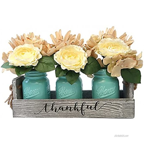 Besuerte Rustic Table Centerpiece Decor-Decorative Thankful Wood Tray with 3 Mason Jars Rose Bouquet Flower for Home,Coffee Table Dining Room,Kitchen New Home Housewarming Gift Blue