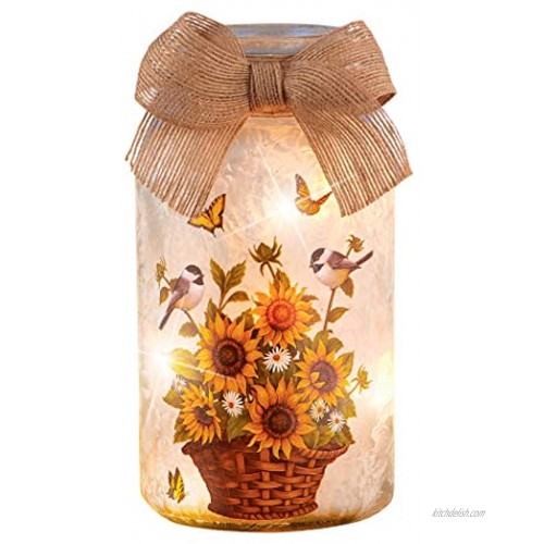 Collections Etc LED Lighted Sunflower Mason Jar Table Lamp with Burlap Bow
