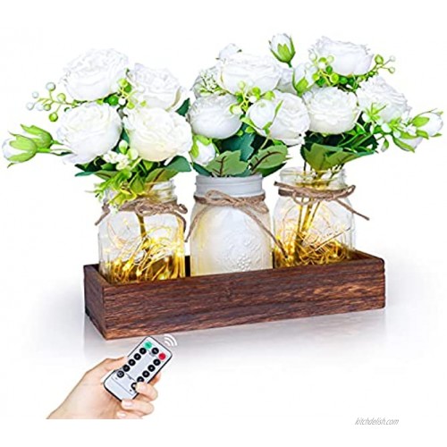 Hooqict Mason Jar Centerpiece Decorative Wood Tray with Artificial Peony & Remote Control LED Lights Rustic Country Farmhouse Home Decor for Herb Plants Coffee Table Dining Room Living Room Home Kitchen