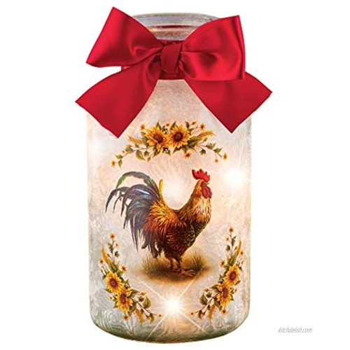 LED Lighted French Country Rooster Mason Jar Table Lamp with Red Bow & Sunflower Decoration