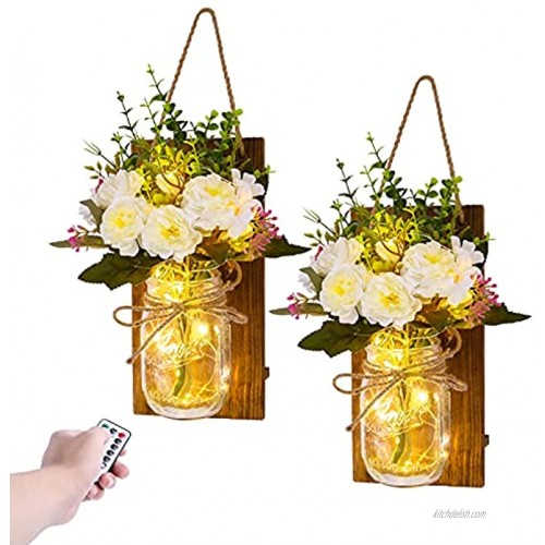 Mason Jar Decor Rustic Wall Sconces Mason Jar Wall Decor Hanging Wall Decorations with Battery Remote Control LED Fairy Light CANMEIJIA 6-Hour Timer with Flowers Mason Jar Lights,Set of 2