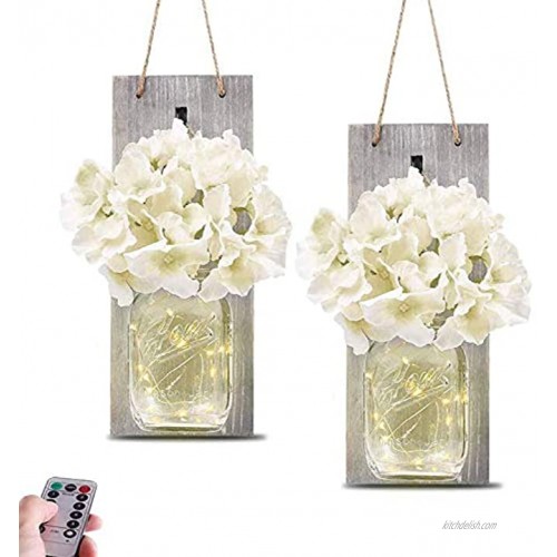 Mason Jar Sconce Wall Decor—Home Wall Decor with Two Remote Control Farmhouse wall decor with LED Fairy Lights and Rustic Wooden Board Bronze Retro HooksSet of 2