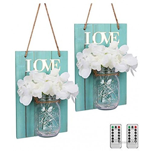 Mason Jar Sconces Wall Decor with Remote Control with Warm White LED Fairy Lights and White Hydrangea Flower Romantic Country Style Mason Jar Light for Home Bedroom Bathroom Decoration