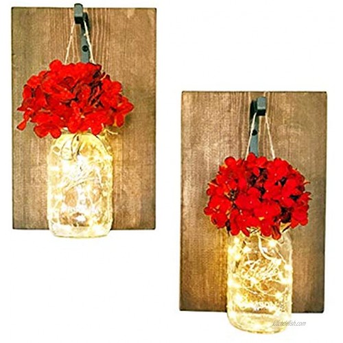 Mason Jar Sconces Wall Decor with Warm White LED Fairy Lights with Red Silk Hydrangea Flower Romantic Vintage style Mason Jar Light for Home Bedroom Bathroom Decoration Battery Powered