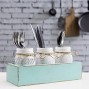 MyGift White Glass Mason Jars with Rustic String in Vintage Aqua Blue Wood Box Tray