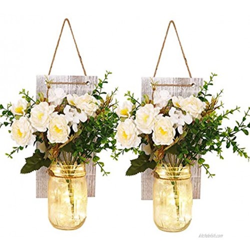 Rustic Mason Jar Sconces Wall Decor Handmade Wall Art Hanging Design with Remote Control LED Fairy Lights and White Peony For Home Living Room Bedroom Kitchen Farmhouse Wall Decoration Set of 2