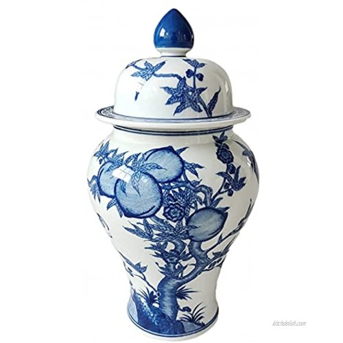 Vintage Qing YongZheng Dynasty Chinese Ceramic Temple Jar Ginger Jar Blue and White Porcelain Peach Decorative Jar for Gift and Decoration,H14.56