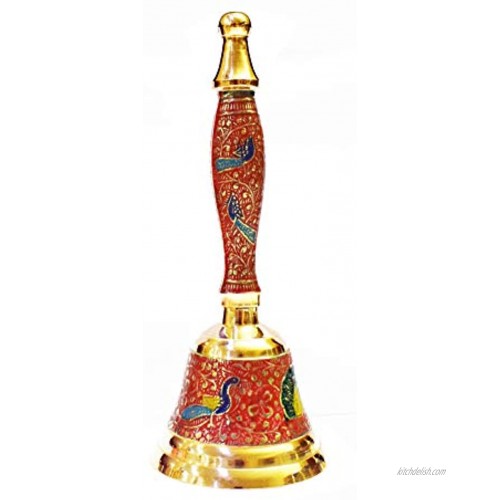 Craftsman Hindu Pooja Puja Hand-held Brass Bell Ghanti for Mandir Colourful Jingle Bell for Poojan Christmas Red