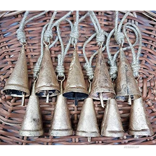 HIGHBIX 7cm Big Vintage Rustic Lucky Tin Metal Cow Bells Handmade Christmas Décor Bells on Jute Rope 10 Cone