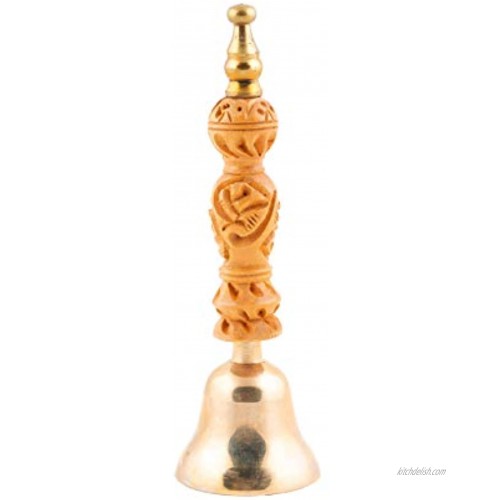 Shubhkart Small-Sized Wooden Carved Brass Hand Bell Service Bell 6 inch