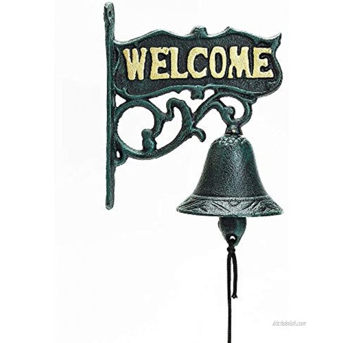 Sungmor Heavy Duty Cast Iron Wall Hanging Bell Welcome Sign Decorative Vintage Green Flower Vine Manually Shaking Doorbell Indoor Outdoor Wall Mounted Dinner Bell Garden Home Wall Art Decoration