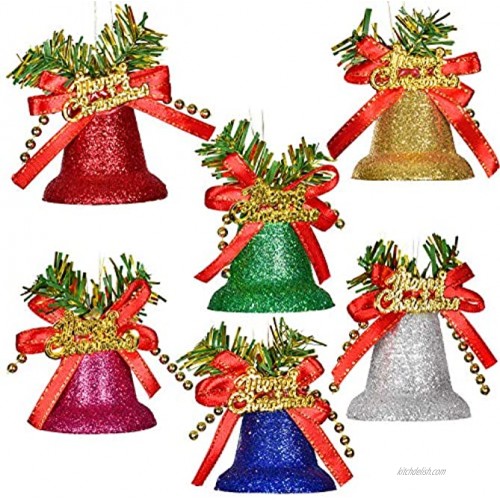 TOUTN Christmas Tree Ornament Bells Multi-Color Glitter Bells for Party Wall Fireplace Gardens Jingle Bell Pendants Xmas Home Decoration 6 Pack