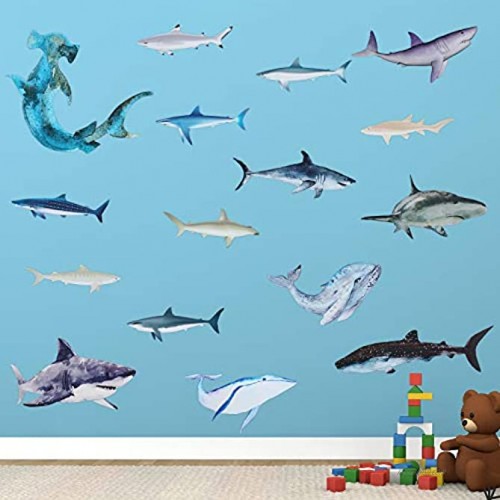 18 Pieces Sharks Peel Shark Wall Decals Removable Wall Stickers Animal Shark Decal Stickers Sea Theme Wall Decor Sticker for Room Bathroom Nursery Home Decor