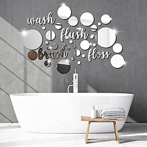 30 Pieces Bathroom Wall Decals Wash Flush Brush Floss Stickers 3D Round Mirrors Wall Art Decal Self Adhesive DIY Acrylic Mirror Decor Beautiful Art Words Decor for Home Bedroom Living Room Silver