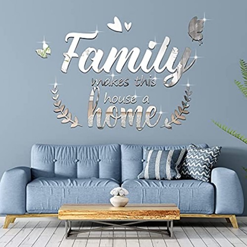 3D Acrylic Mirror Decal Wall Decor Stickers Family Letter Quotes Wall Stickers Removable DIY Motivational Family Butterfly Mirror Stickers for Home Office Dorm Mirror Wall Decoration Black Silver