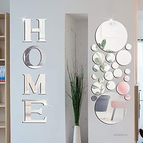 Home Sign Letters Acrylic Mirror Wall Stickers Solid Circle Wall Stickers 3D Mirror Wall Decals DIY Removable Mirror Wall Stickers for Home Living Room Decoration Silver