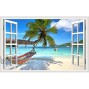 Rajahubri Beach Seascape Window Wall Sticker Palm Tree and Hammock Fake Window Wall Decals Removable Tropical Sea Window View Wall Stickers Decal for Living Room