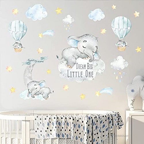 Yovkky Blue Watercolor Baby Boy Elephant Wall Decal Peel Stick Sweet Dream Big Little One Sticker Moon Hot Air Balloon Star Nursery Decor Home Play Room Decoration Kids Bedroom Art Party Supply Gift