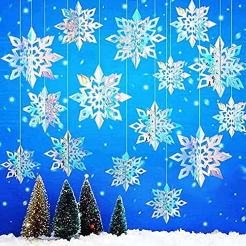 15pcs Winter Christmas Hanging Snowflake Decorations 3D Holographic Snowflakes for Christmas Winter Wonderland Decorations Frozen Birthday New Year Party Home Decorations