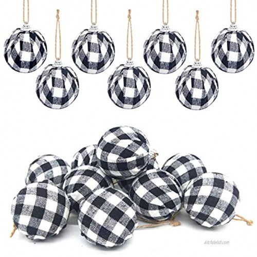 Deloky 16Pcs Buffalo Plaid Fabric Ball- 2.16 Inch Small Christmas Fabric Wrapped Balls Christmas Hanging Ornament for Halloween Party Decor Christmas Tree Party Decoration Supplies Black&White