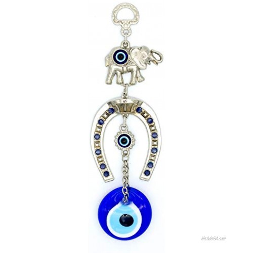 Demiwares Evil Eye Protection Charm Lucky Horseshoe with Elephant Decor Metal Wall Hanging Home Decoration for Good Luck and Blessings Handmade Turkish Ornament Small Single Elephant