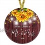 Kooer Our First Christmas as Mr & Mrs Ornament 2021 Sunflower Newlyweds 3 Circle Porcelain Ceramic Wedding Ornament Sunflower Mr & Mrs