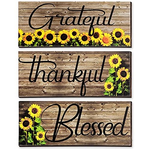 3 Pieces Sunflower Prints Wood Hanging Wall Plaques Grateful Thankful Blessed Wall Art Signs Sunflowers Spring Autumn Positive Sign Wall Art Decor for Bedroom 10 x 4 x 0.2 Inch Black Words
