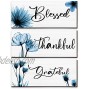3 Pieces Thankful Grateful Blessed Wood Sign Wall Decor Positive Word Wooden Wall Plaque with Blue Flower Thanksgiving Quote Hanging Wall Sign Rustic Farmhouse Thankful Wall Art for Dining Living Room