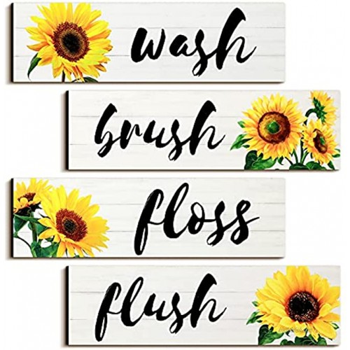 4 Pieces Bathroom Wall Decor Signs Wash Brush Floss Flush Sunflowers Signs Rustic Bathroom Wooden Signs Sunflower Wood Wall Plaque Vintage Wooden Decor for Laundry Room Bathroom White