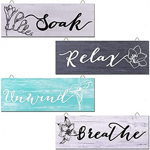4 Pieces Farmhouse Bathroom Wall Decor Relax Soak Unwind Breathe Wood Signs Funny Rustic Bathroom Wall Art Hanging Wooden Wall Decoration Vintage Wood Plaque for Home White Black Blue and Gray