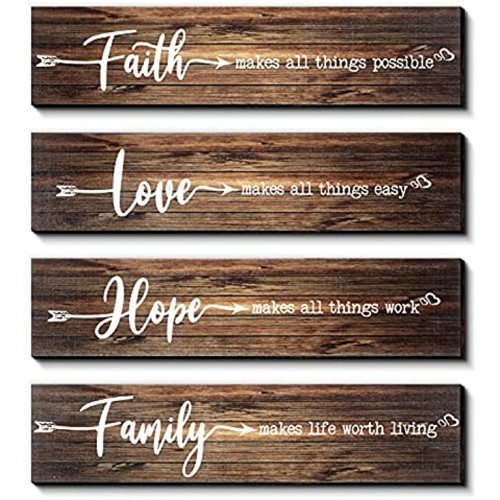 4 Pieces Rustic Wood Sign Wall Decor Faith Makes All Things Possible Quote Sign Rustic Love Hope Family Wood Sign Home Decoration for Home Office Wedding Kitchen 13 x 3 x 0.2 Inch Brown