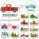 AerWo Interchangeable Welcome Sign for Front Porch Red Truck Decor Wood Double Sided Home Sign Wall Hanging Decor with 12-PC Holiday Icons for Fall Halloween Christmas Thanksgiving Table Decor