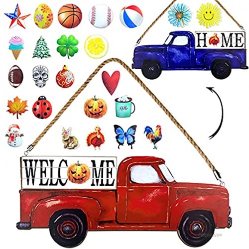 AliveCotruck Red Truck Welcome Home Sign for Front Door Porch 2-Side Holiday Farmhouse Wooden Decor Wall Hanging with 25-PC Interchangeable Icons Fall Seasonal Halloween Christmas Rustic Decorations