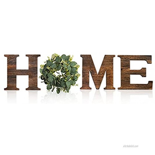 BITLIFUN 12in Home Sign Wall Hanging Wood Letters with Artificial Wreath for Wall Decor 12in Rustic Wall Letters Home Decor，Farmhouse Wall Decor for Living Room,Bedroom Kitchen,Doorway,Nail,Brown+W2