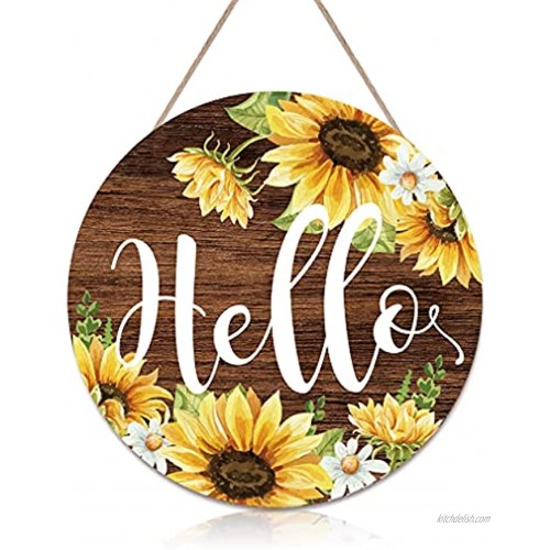 CHDITB Hello Welcome Wood Wall Hanging Sign Colourful Sunflower Wooden Front Door Decor 12''x12'' Round Antique Wood Rustic Porch Decoration for Home Office Garden Farmhouse