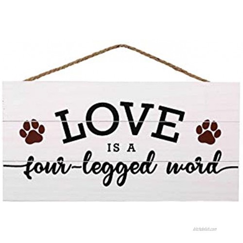 Dog Lover Love is a 4 Legged Word Wood Plank Hanging Sign for Home Decor 13.75 x 6.9 Inches with White Background