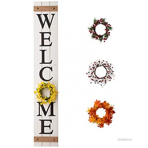 Glitzhome Welcome Sign for Front Door Porch Rustic Farmhouse Wooden Hanging Wall Sign with 4 Interchangeable Floral Wreath for Seasons Spring Summer Fall Harvest Thanksgiving Christmas 60”H White
