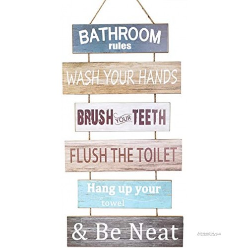 HANTAJANSS Wall Hanging Sign Rustic Wooden Bathroom Rules Sign Wash Your Hands Brush Your Teeth Flush The Toilet Hang Up Your Towel Be Neat Bathroom Wall Decoration Sign for Bathroom Toilet
