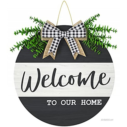 Welcome Sign for Front Door Porch 12x12 Inch ZUEXT Rustic Wooden Welcome To Our Home Sign for All Seasons Wall Home Decor Black & White Farmhouse Wood Welcome Door Hanger w  Artificial Eucalyptus