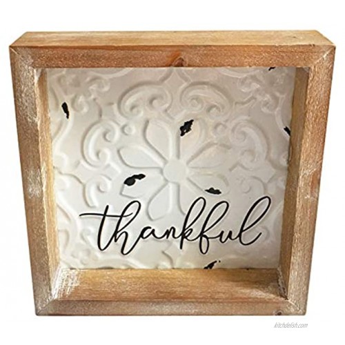 Wood Metal Thankful Sign 8x8 inch Framed Rustic Embossed Enamel Home Table Decor Signs Distressed Farmhouse Wooden Box Sign Gift for Shelf Mantel Living Dining Room Bedroom Kitchen Decoration
