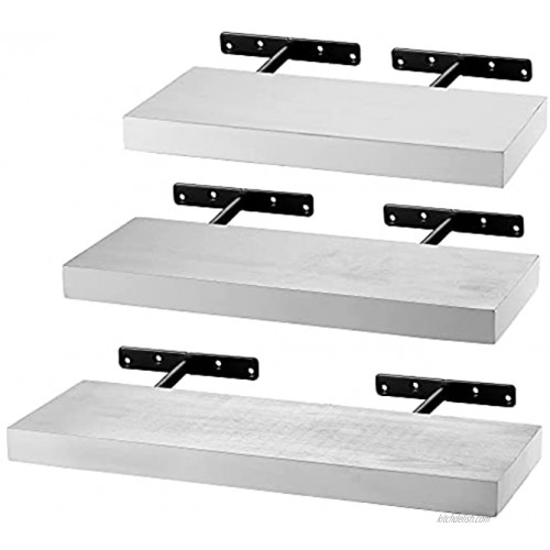 BATODA 3pcs 13” – 15” – 17” Floating Shelves Wall Mounted with Invisible Brackets –White Floating Shelves Small Rustic Acacia Wood Wall Storage Shelf for Bedroom Living Room Bathroom- 1.2” Thick