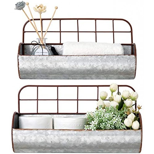 Dahey Farmhouse Galvanized Wall Basket Decor Bathroom Storage Bin Organizer Rustic Metal Wall Planter Wire Back Hanging Shelves for Bedroom Living Room Kitchen Apartment Entryway Laundry Set of 2